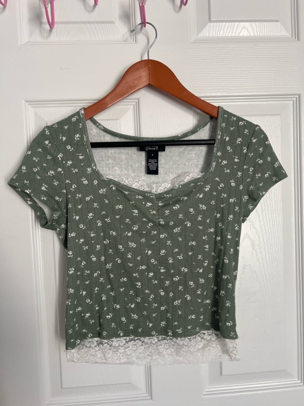 Polly Sage Green Floral Lace-Trim Ribbed Crop Top